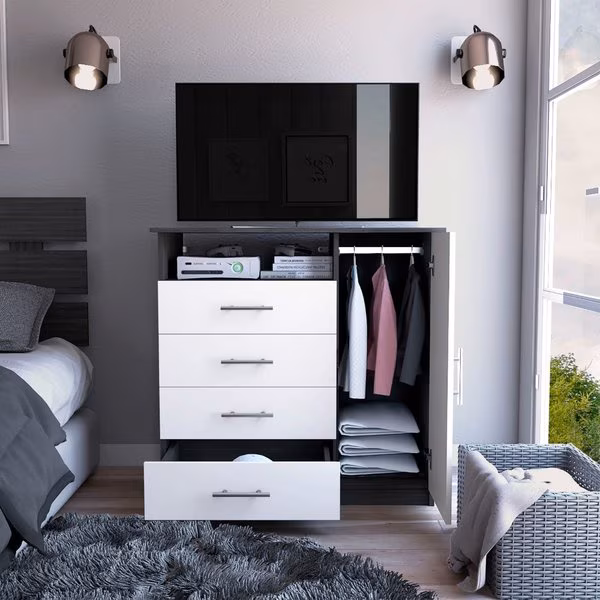 Peru 4 Drawer Dresser, Single Door Cabinet, One Open Shelf, Superior Top, Smokey Oak/White